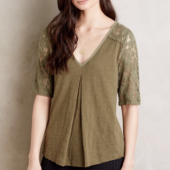 Anthropologie Olive Green Mixed Media Top, Size L - Picture 1 of 7